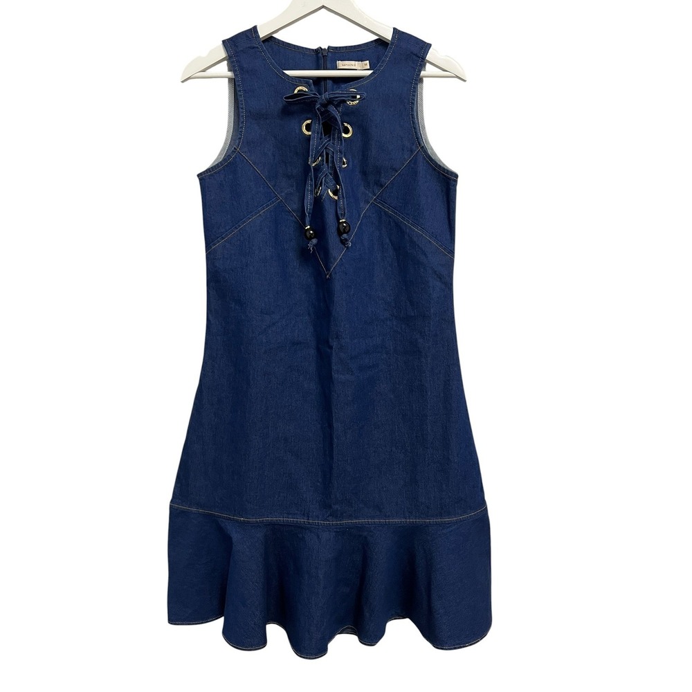 Maria Filo Denim Dress Womens Medium Blue Lace Up Ruffle Hem Sleeveless Chic